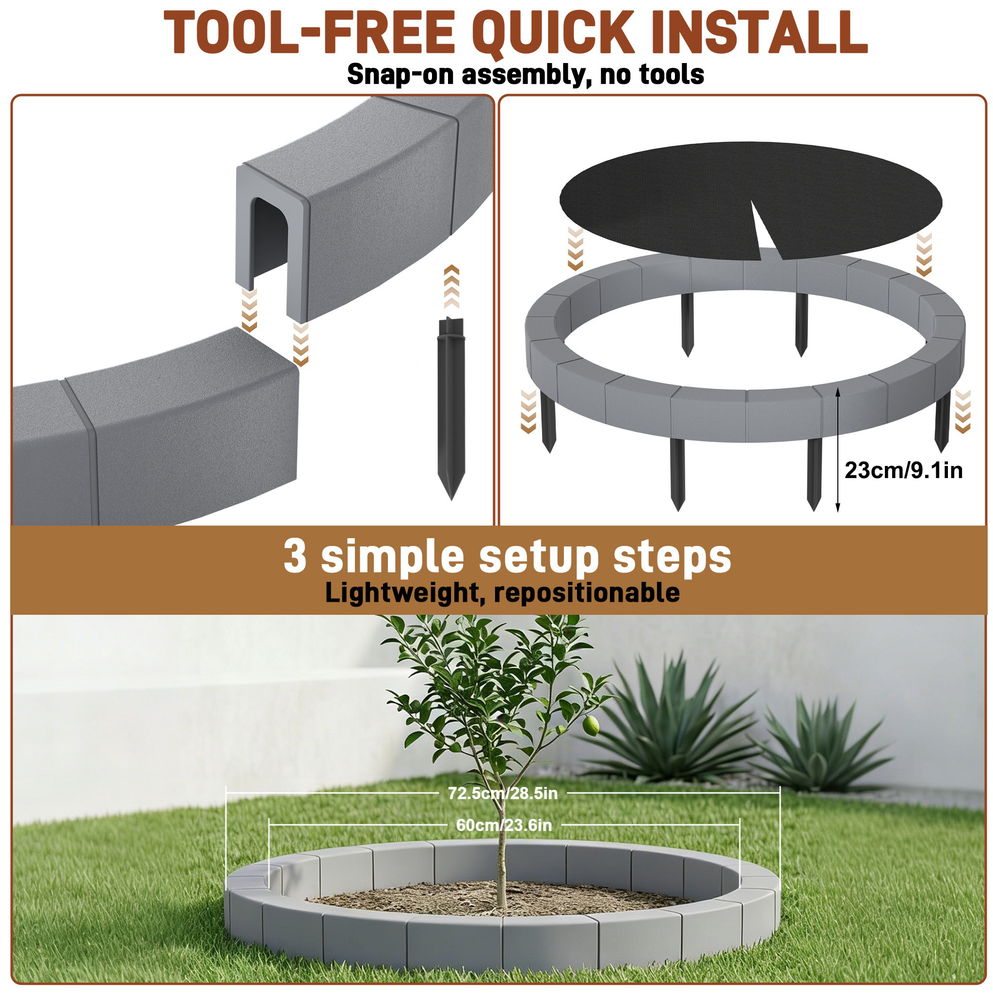 Garden Edging, Mowing Edge, Lawn Edging, Flower Bed Border, Tree Surround, Garden For Separating Lawn And Flower Beds, Made Of Plastic 60/90cm