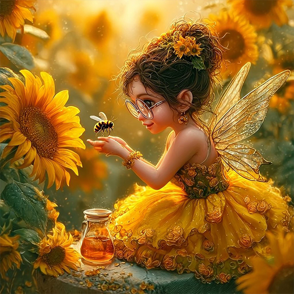 New 1pc(30x30/40x40/50x50/60x60) Cm   Sunflower and Bee Pattern 5D DIY Diamond Painting Kit, Round Acrylic Diamonds, Mosaic Art Craft, Suitable for Adult Beginners to Relieve Stress and Relax, Home Wall Decoration, Ideal Holiday Gift