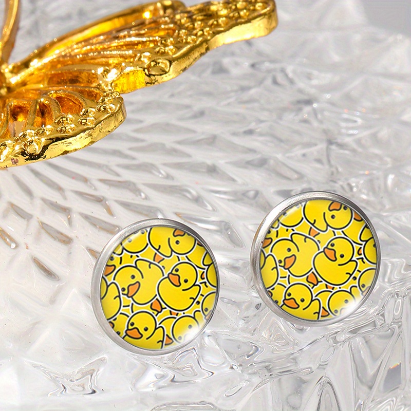 Fashion Cute Little Yellow Duck Illustration Glass Earrings Men's Jewelry Gift, Without Battery