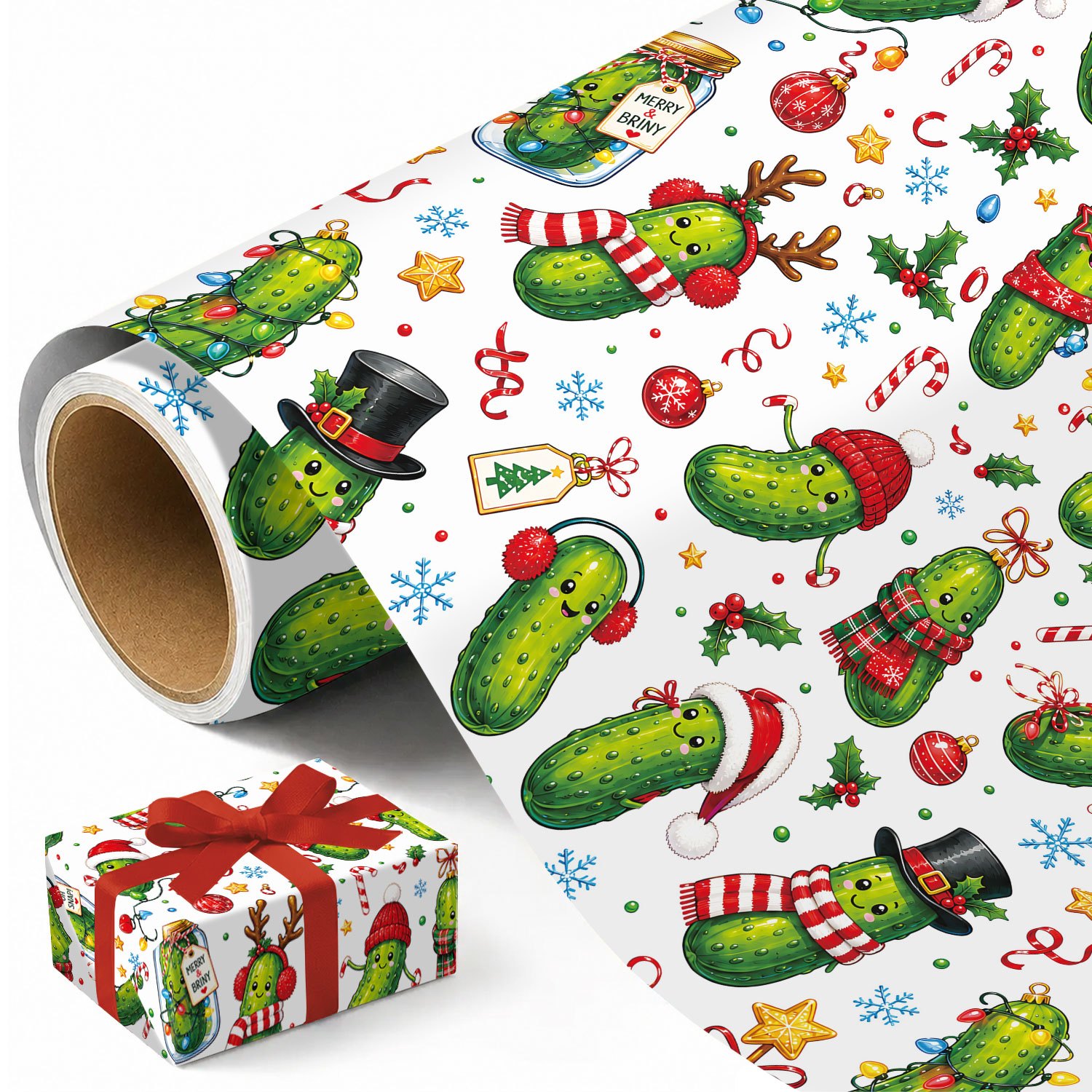 roll funny pickle themed christmas wrapping paper suitable for xmas gifts birthday party decorations with santa hats candy cane patterns single sided print multicolor gift wrap for diy crafts birthdays holiday presents christmas decor