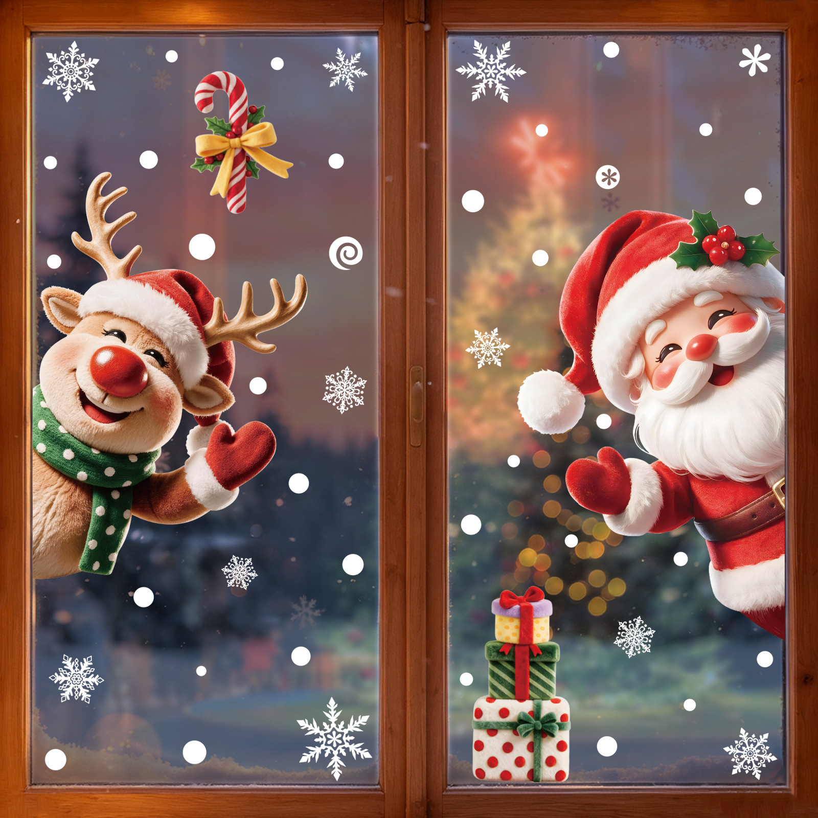 TEMU 2 Sheets Peeking Santa And Reindeer Christmas Static Window Clings, Static Glass Stickers, Removable Pvc Window Decals, With Snowflake, Candy