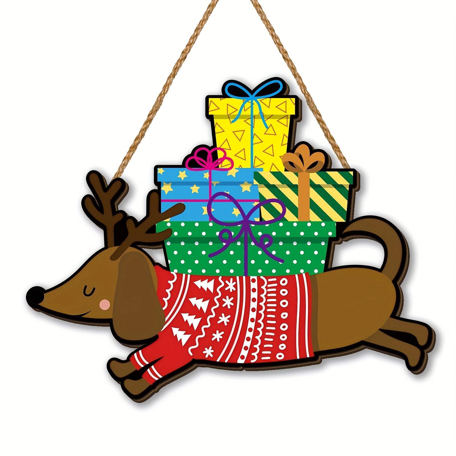 TEMU 2d Flat, 1pc Wooden Dachshund Christmas Ornament, Christmas Dog Hanging Sign Buffalo Check Christmas Door Decor, Dachshund Christmas Decoration,