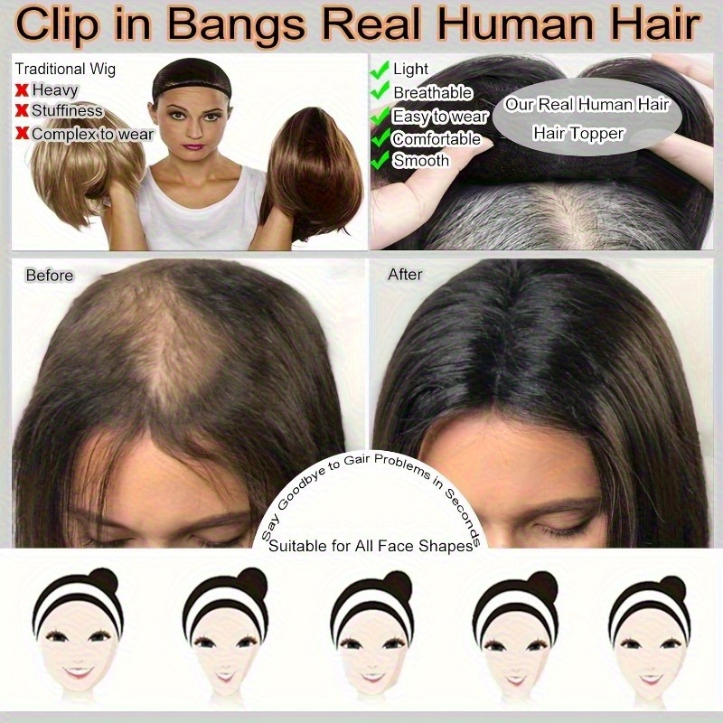 1pc human hair t shaped wig block cover with french bangs straight hair hair topper for women men real human hair easy to tidy match styles elegant     hair wig versatile hairstyle enhancer   cap details 7