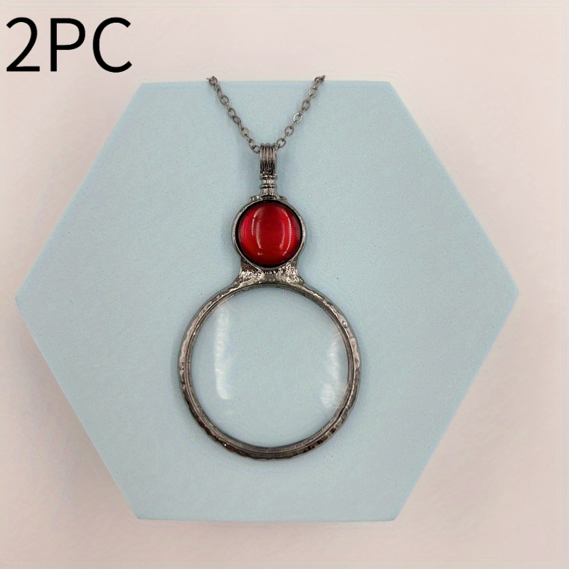 Image of 2pcs Vintage Magnifying Glass Pendant Necklace, Retro Magnifier Necklace, Portable Reading Magnifier Necklace For Daily Use