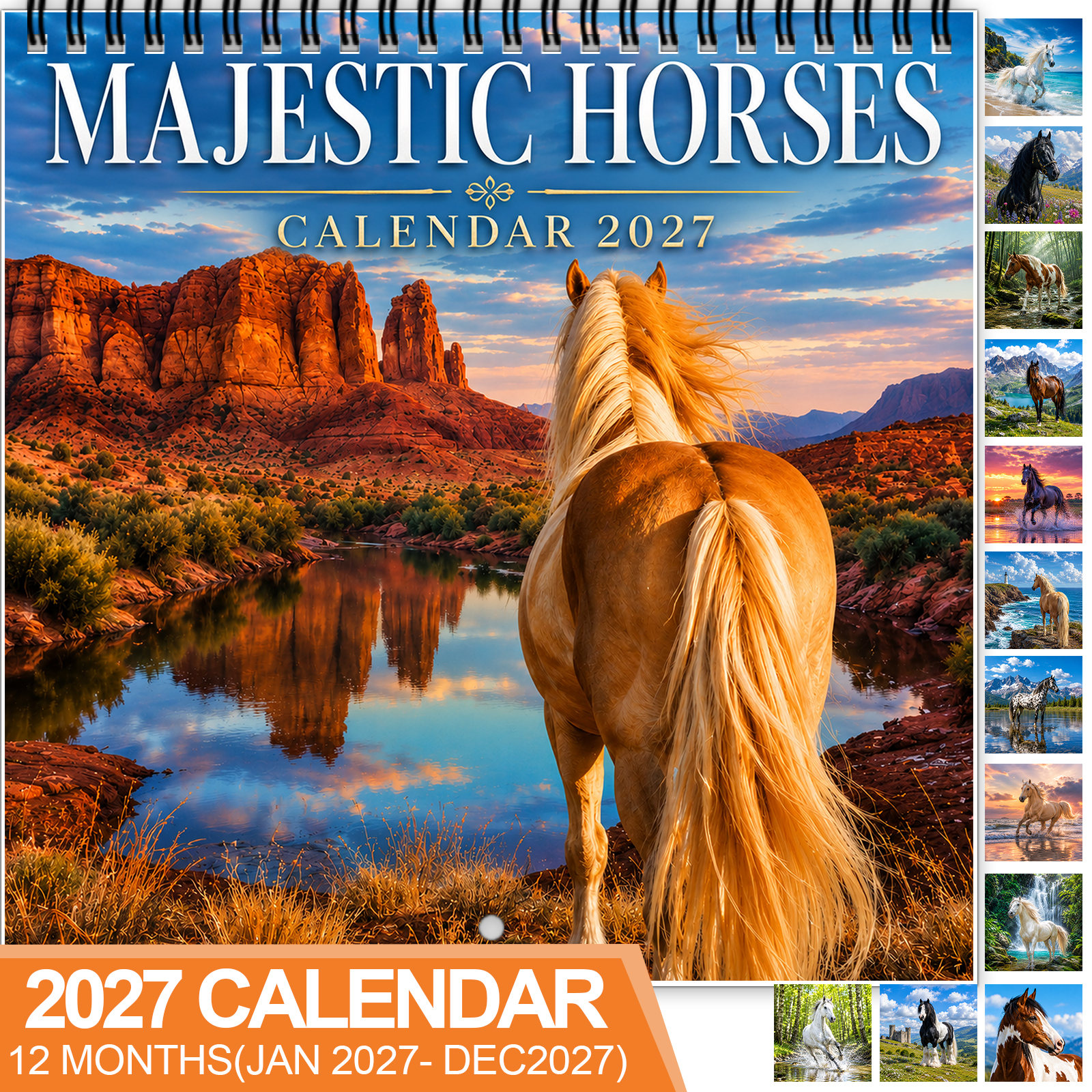 TEMU 1pc 2027 Horses Wall Calendar - Spiral-bound 12-month Horse Photo Calendar Suitable For Gift, Monthly Planner With // Horse Breeds, Dated For