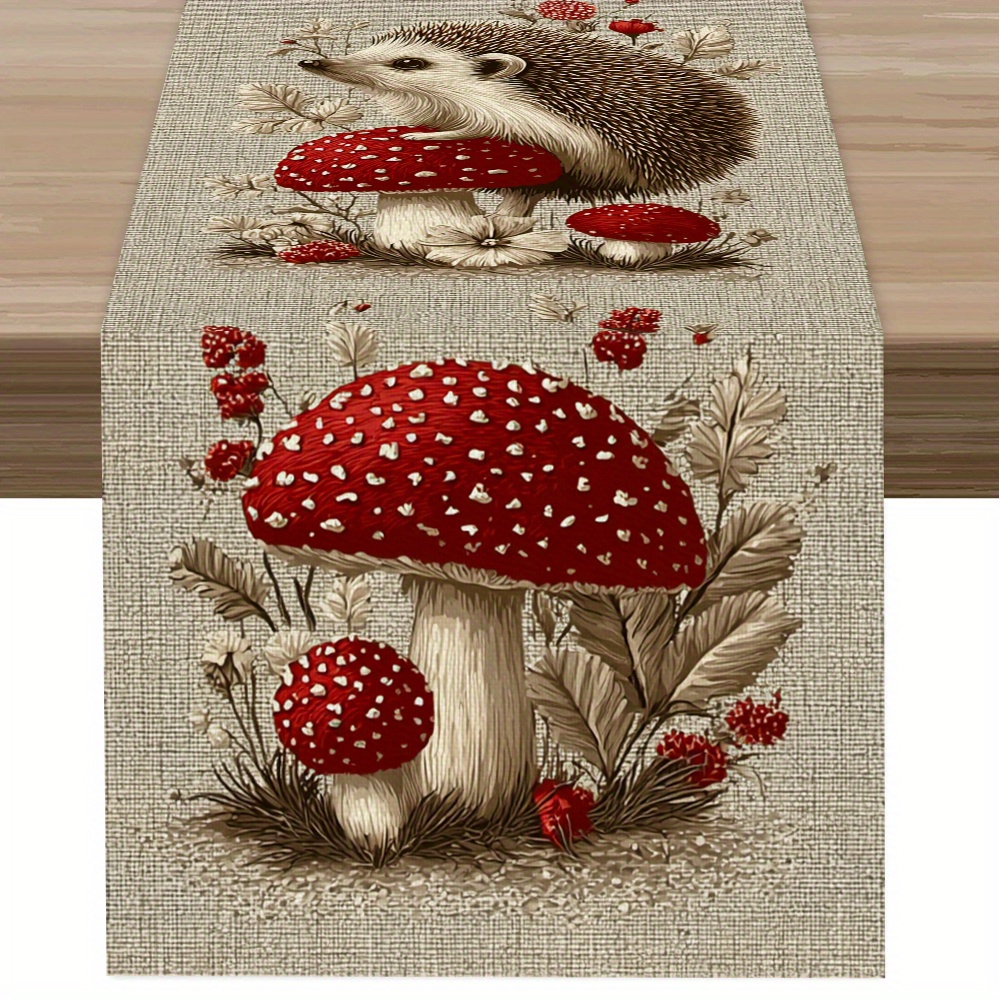 TEMU 1 stuk, Egel en Paddenstoel Patchwork Tafelrunner, Bos Herfst Tafelrunner, Natuurlijke Rustieke Stijl, 2D Geprint Tafelkleed, Lange Print met