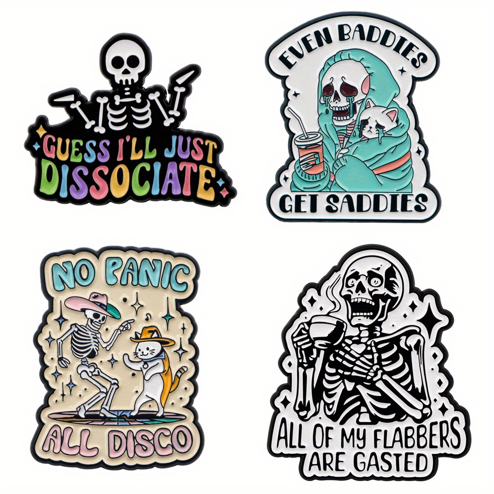 TEMU 4pcs/set Funny Cute Skull Elements Lapel Enamel Pins And Brooches Badge Pins For Backpacks Bags Backpack Cool Decoration Friend For Gifts