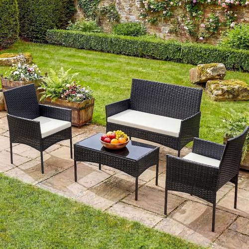 4pcs patio furniture set all weather pe rattan conversation set with black tempered glass coffee table washable cushions for porch garden backyard black beige