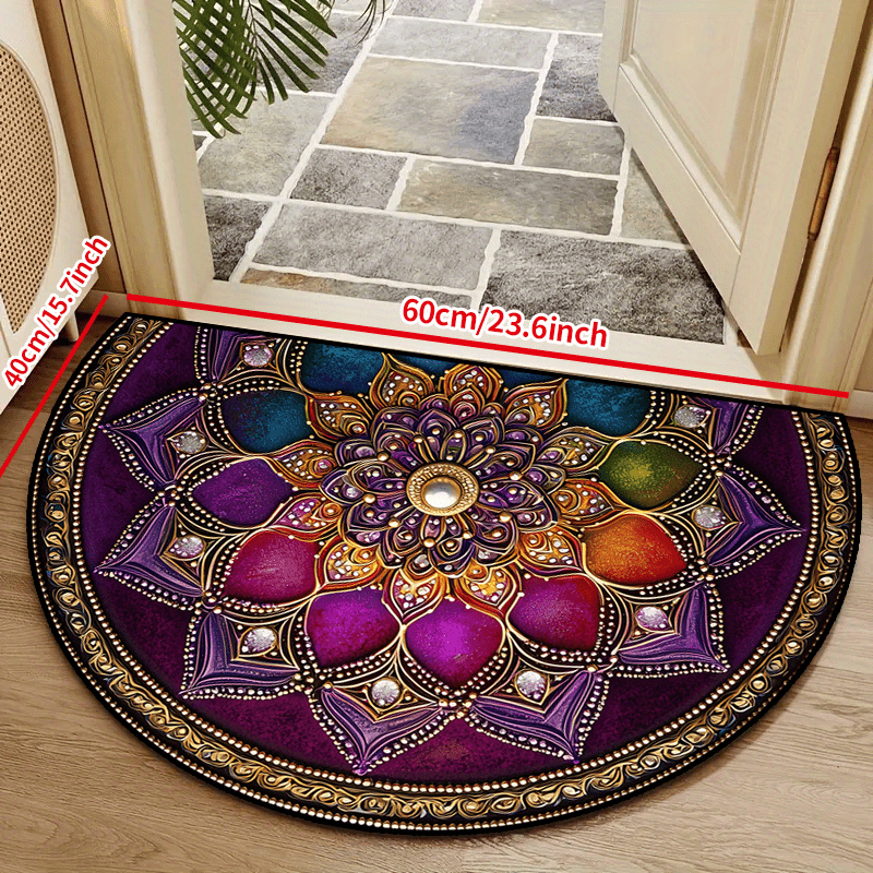 TEMU 1pc High-quality, Comfortable And Lightweight Semi-circular Floor Mat- Pinkish-purple Mandala Pattern Door Mat, Golden/ Green- Washable Indoor