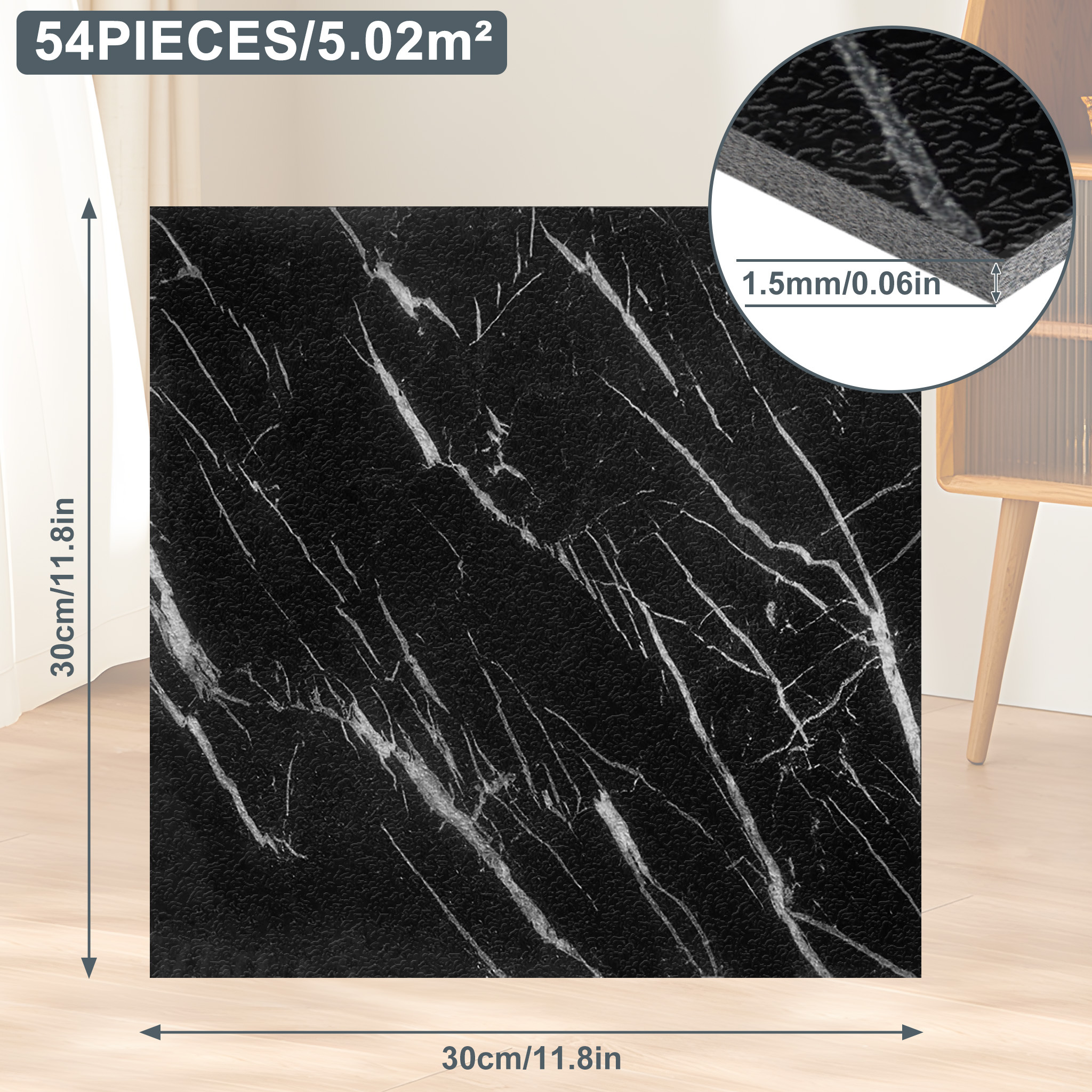 Image of 27/54 Pvc Flooring, Self-adhesive Vinyl Flooring, Vinyl Adhesive Tiles Suitable For Kitchen, Living Room, Balcony, 2.51 Sqm/5.02 Sqm, Black