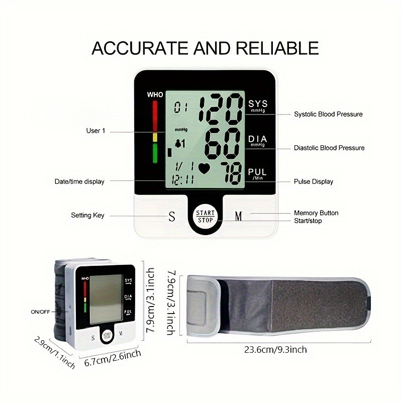 1pc   kun wrist   automatic wrist bp monitor blood pressure cuff for home use adjustable cuffs for adult electronic digital large lcd display with battery and carrying case Product details 1