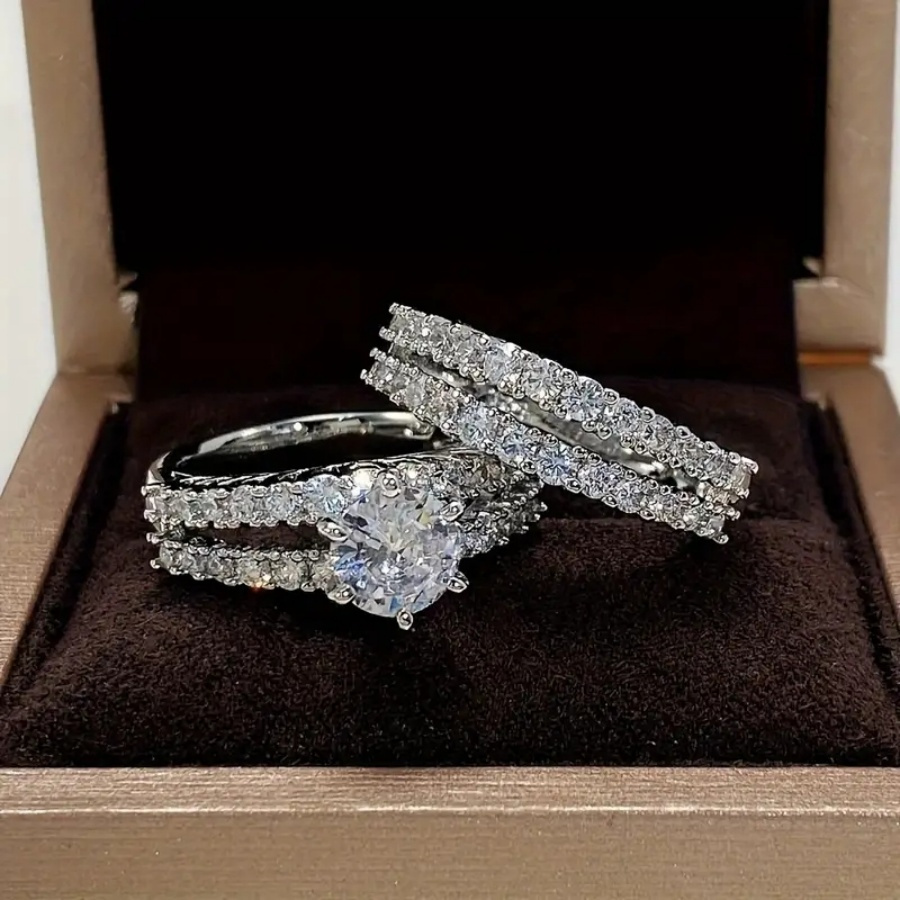 2pcs set exquisite promise stackable rings 14k golden plated 6 prong set   cubic zirconia womens engagement proposal ring luxury copper ring womens fashion jewelry versatile wedding party additions womens valentines day gift
