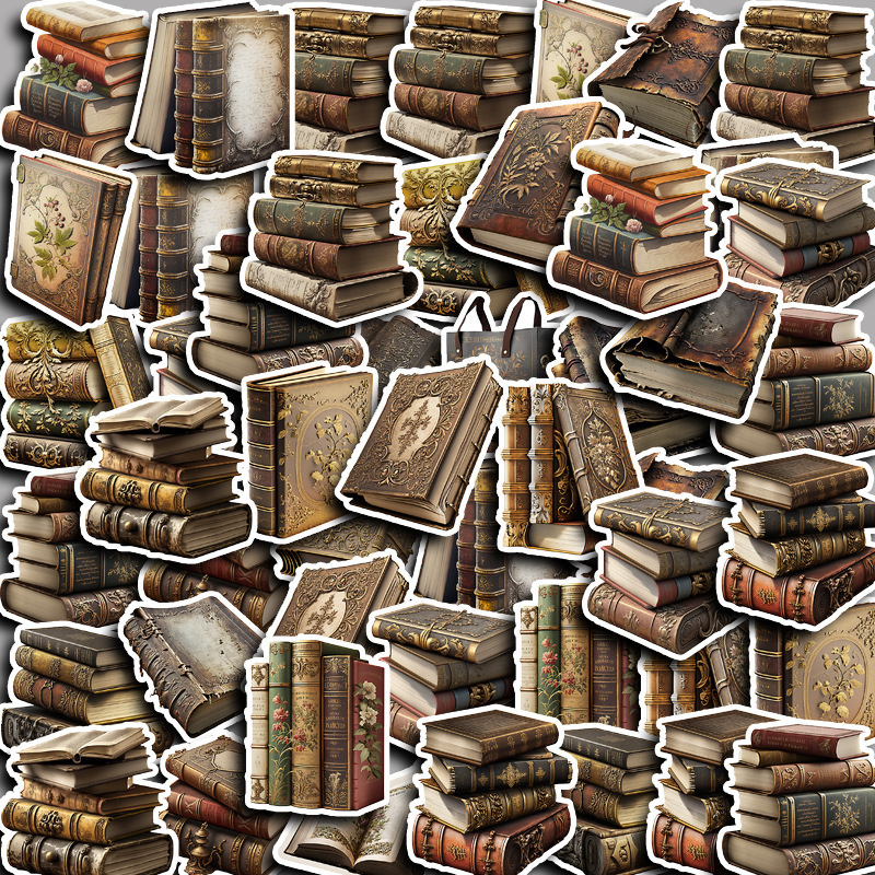 

50pcs/set Handmade Creative Vintage Book Waterproof Stickers For Journals, Featuring Books And Teapots, Books And Flowers, Manual Stickers, Diy Journal Stickers, And Magazine Decorations.