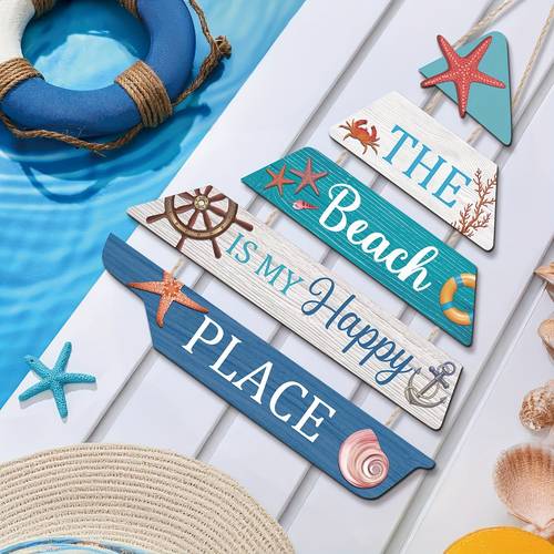 5er-set holzschilder für den strand, küstenmotiv holzplaketten strand ist mein glücklicher ort wandbilder küstenwanddeko, badezimmer küste hängeschilder, für familien schlafzimmer/wohnzimmer/badezimmer waschküche dekoration