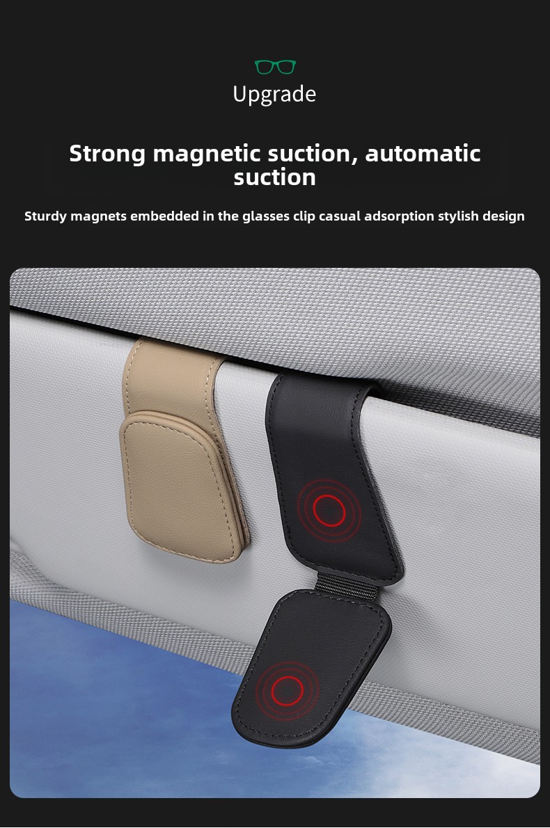 2pcs Magnetic PU Leather Fashion Sun Visor Glasses Holder - with Card Slot, One-Hand Operation, Multiple Colors (Black, Gray, Beige, Red-Brown), Driver's Side Interior Accessory, Stylish Glasses Mount