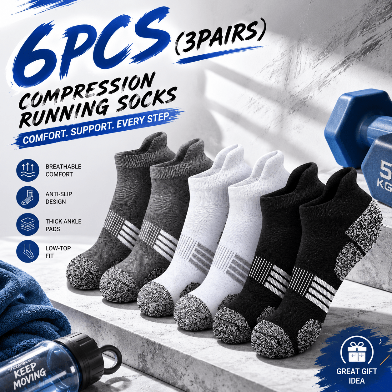 TEMU 6pcs (3 Pairs) Men Women Compression Socks For Running And Fitness, Breathable Lightweight Cushioned Ankle Support For Hiking Cycling Yoga And