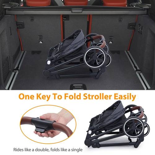 double track tandem stroller foldable bassinet pram for infant and toddler multi position reversible pushchair with large storage basket adjustable backrest canopy dark gray