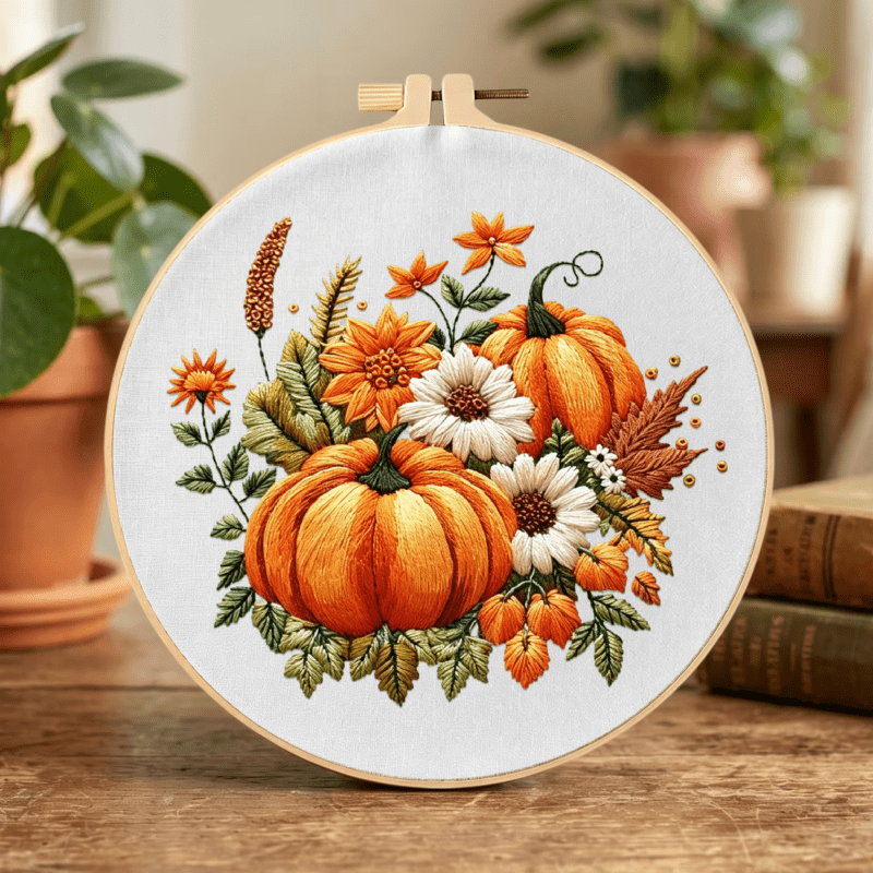 Fall Pumpkin Autumn Harvest Halloween Embroidery Kit for Adults & Beginners