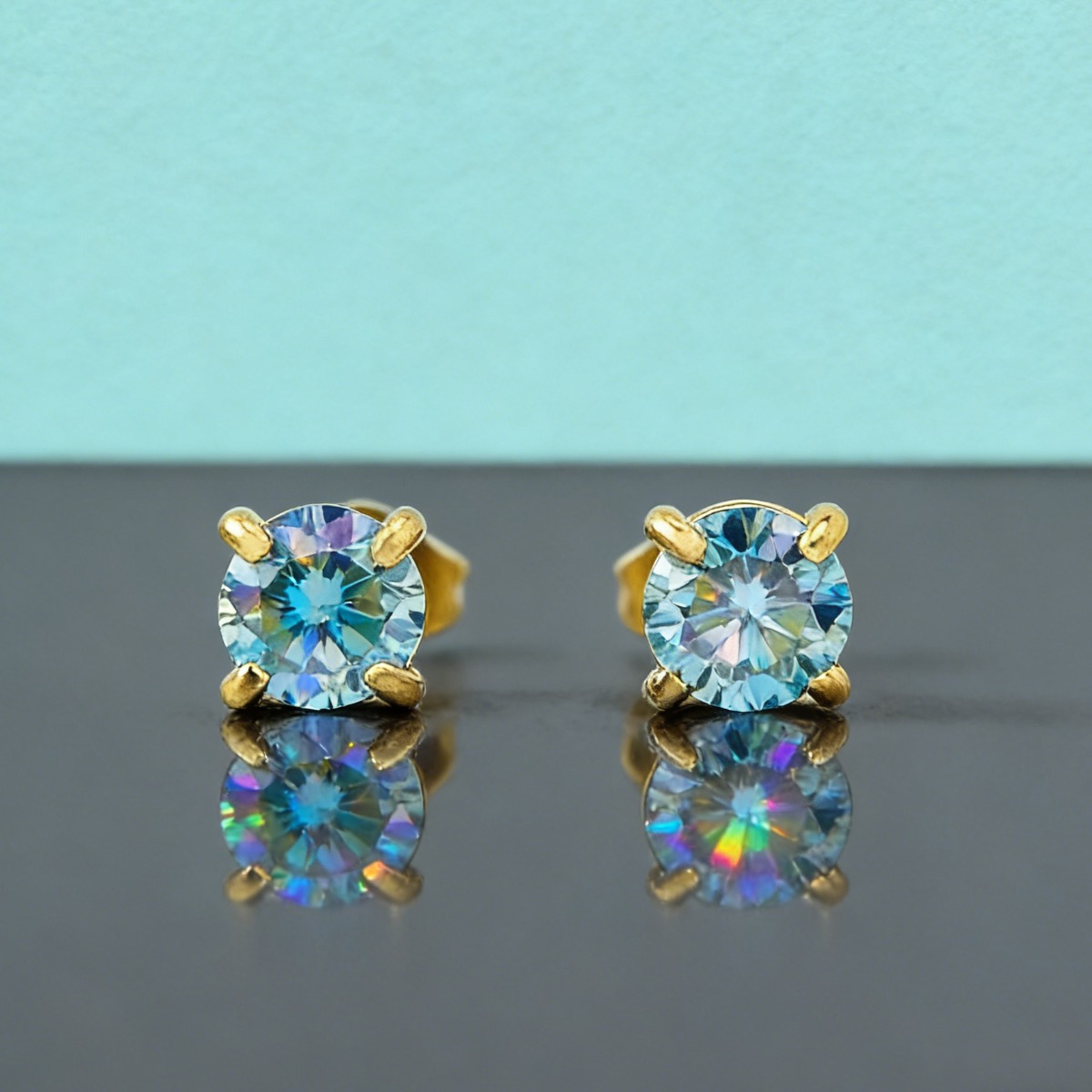 Chic Round Cut Moissanite Four-Prong Golden Stud Earrings