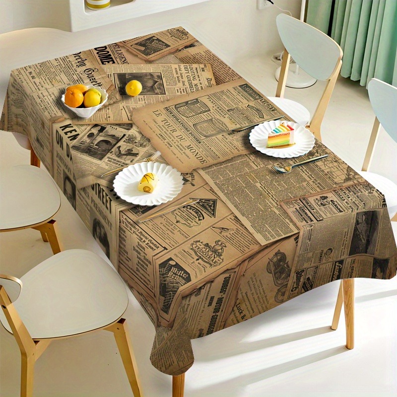TEMU 1pc Vintage Newspaper Print Tablecloth, European Vintage Stitched Design Rectangular Table Cover, Suitable For Dining Table, Kitchen, Party