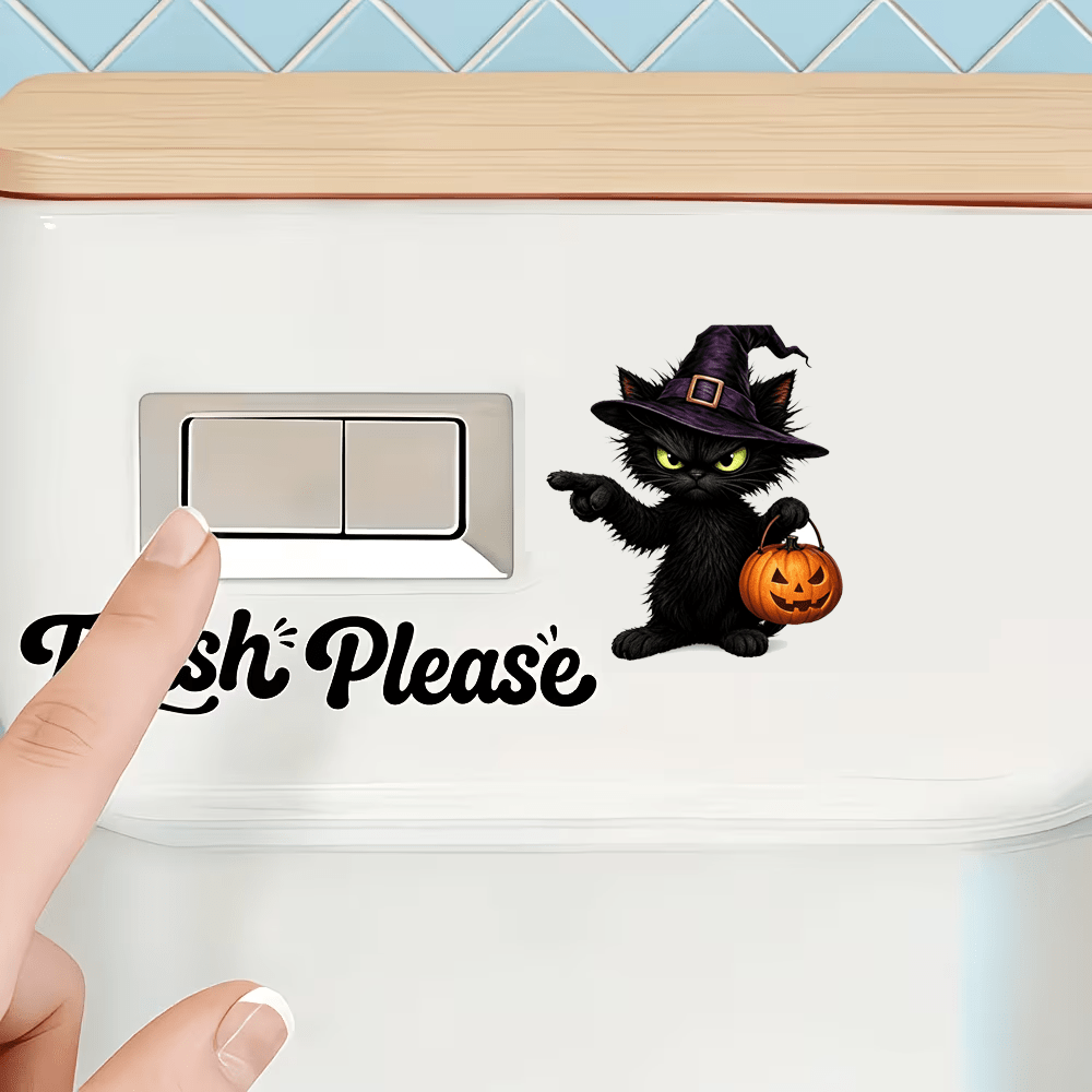 TEMU 2d Flat, 2d Flat Sticker, 1pc Press-and-flush Toilet Sticker, Halloween Pumpkin And Black Cat Flush Reminder Sticker, Halloween Decoration,