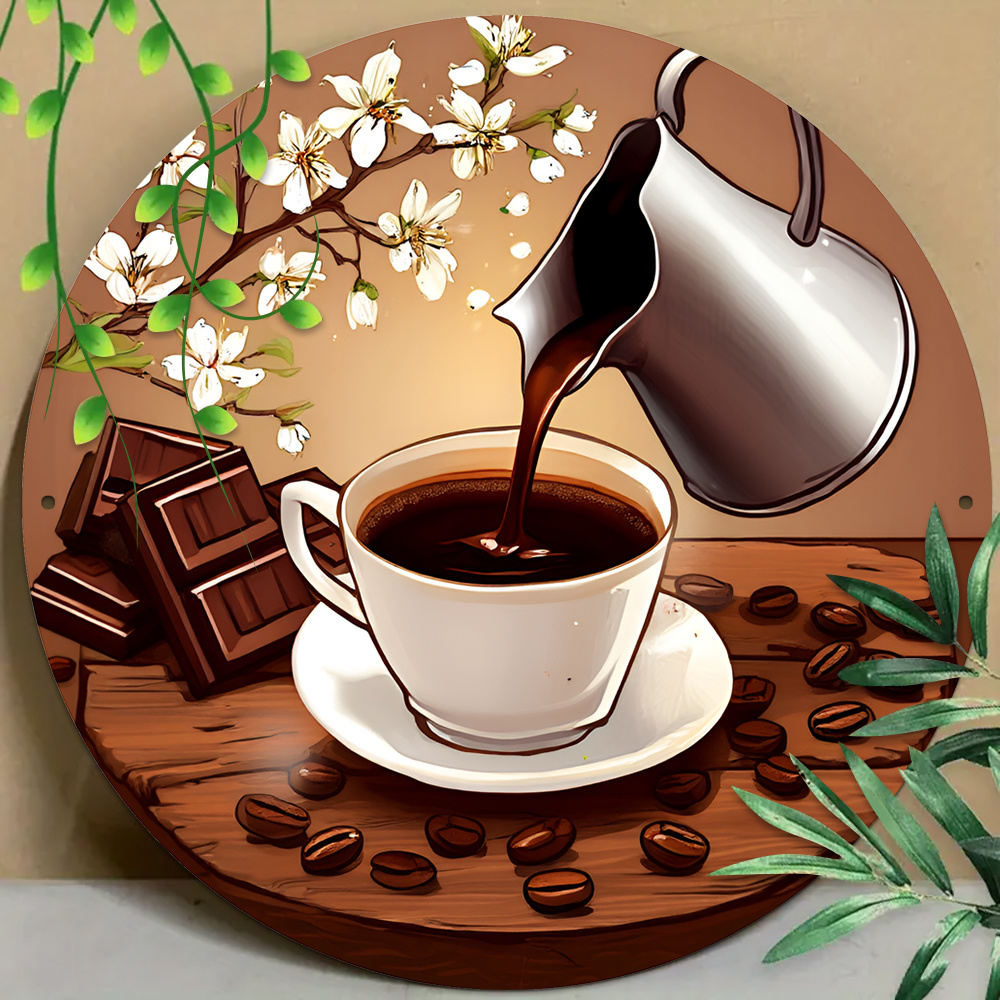 1pc   de pared de aluminio con tema de café retro, 8x8 pulgadas, decoración multiusos para interior y exterior para hogar, cocina, bar, restaurante,  , diseño de pared colgante, texto en inglés 0