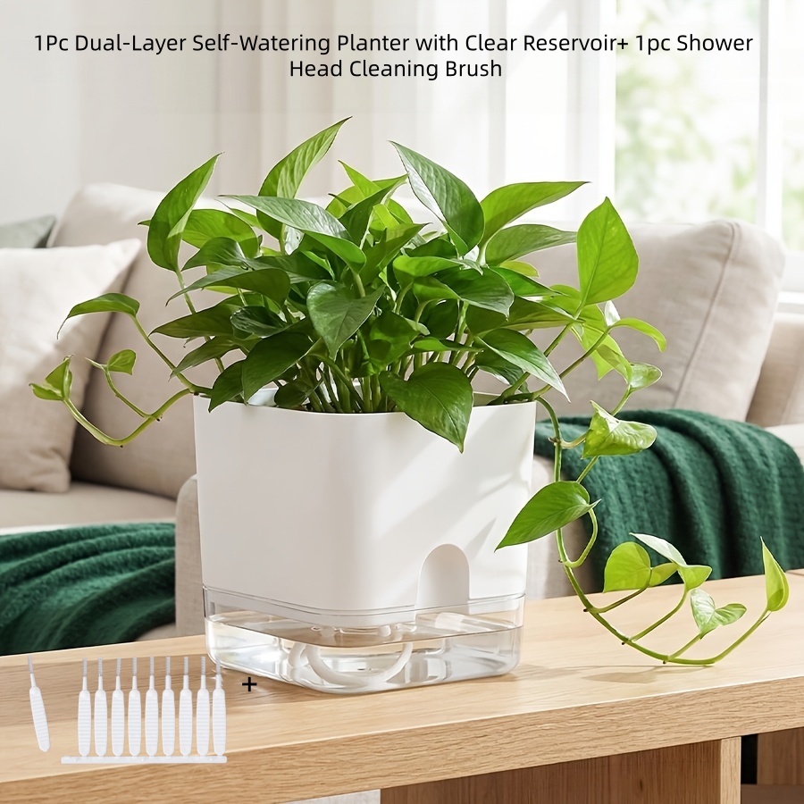 TEMU 2pcs (1pc Dual-layer Self-watering Planter With Clear Reservoir And 1pc Shower Head Cleaning Brush), Breathable Flower Pot With Absorbent Rope