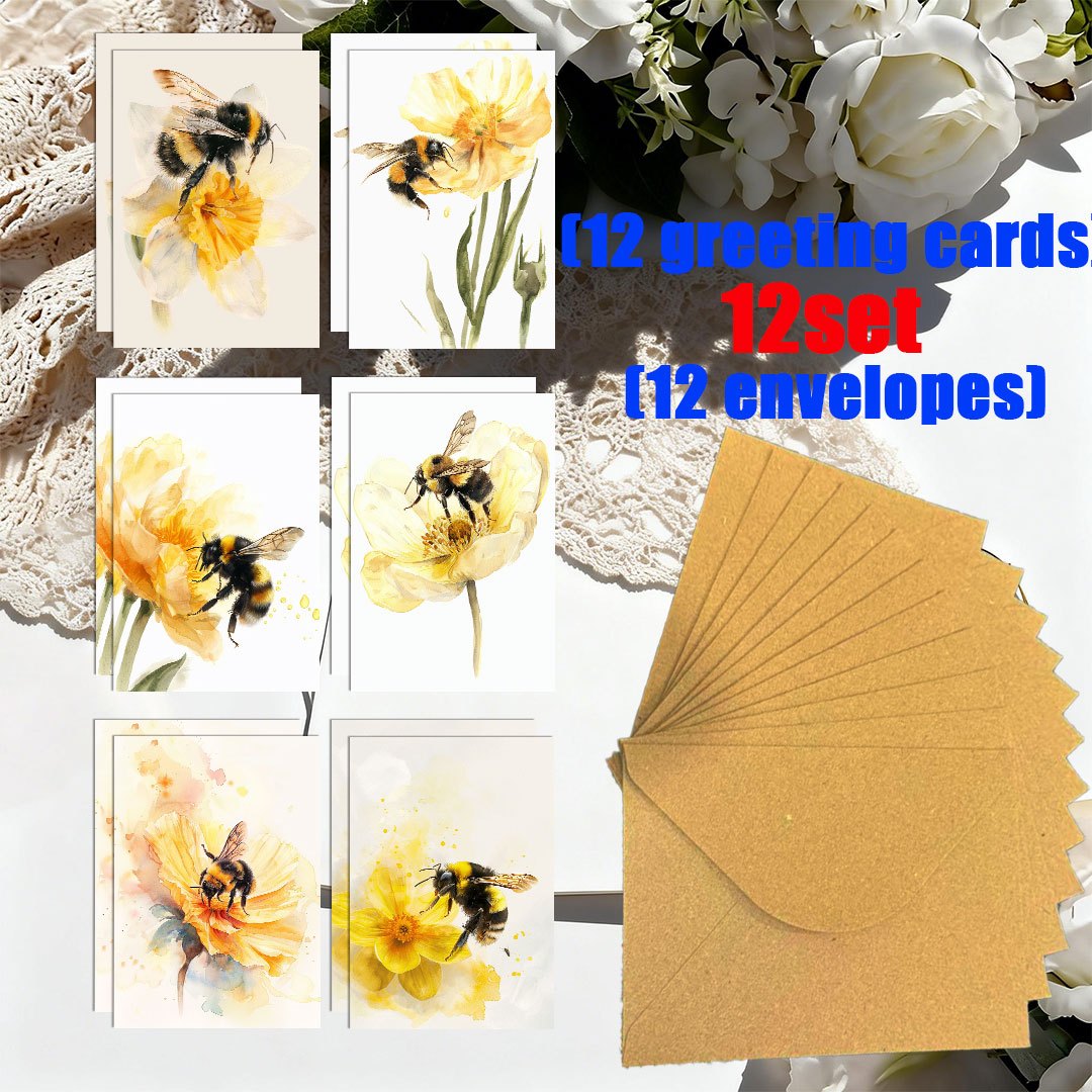 TEMU 12set Pack Of Funny Card/ Bees Resting On Yellow Flowers. Greeting Cards Bulk Set With Envelopes For Colleagues