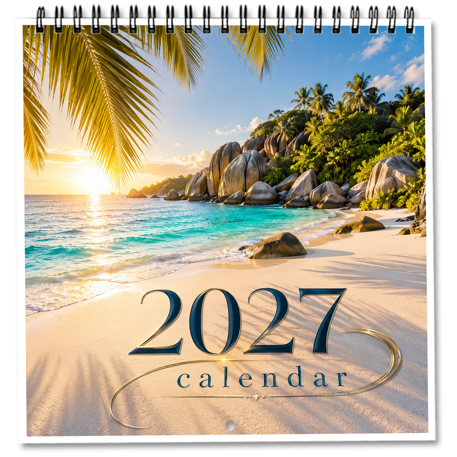 TEMU 2027 Set Of Spiral-bound Wall Calendars, 13 Pages, Tropical Beach Turquoise Sea Water And Palm Tree Pattern At Sunset, Suitable For Home Office