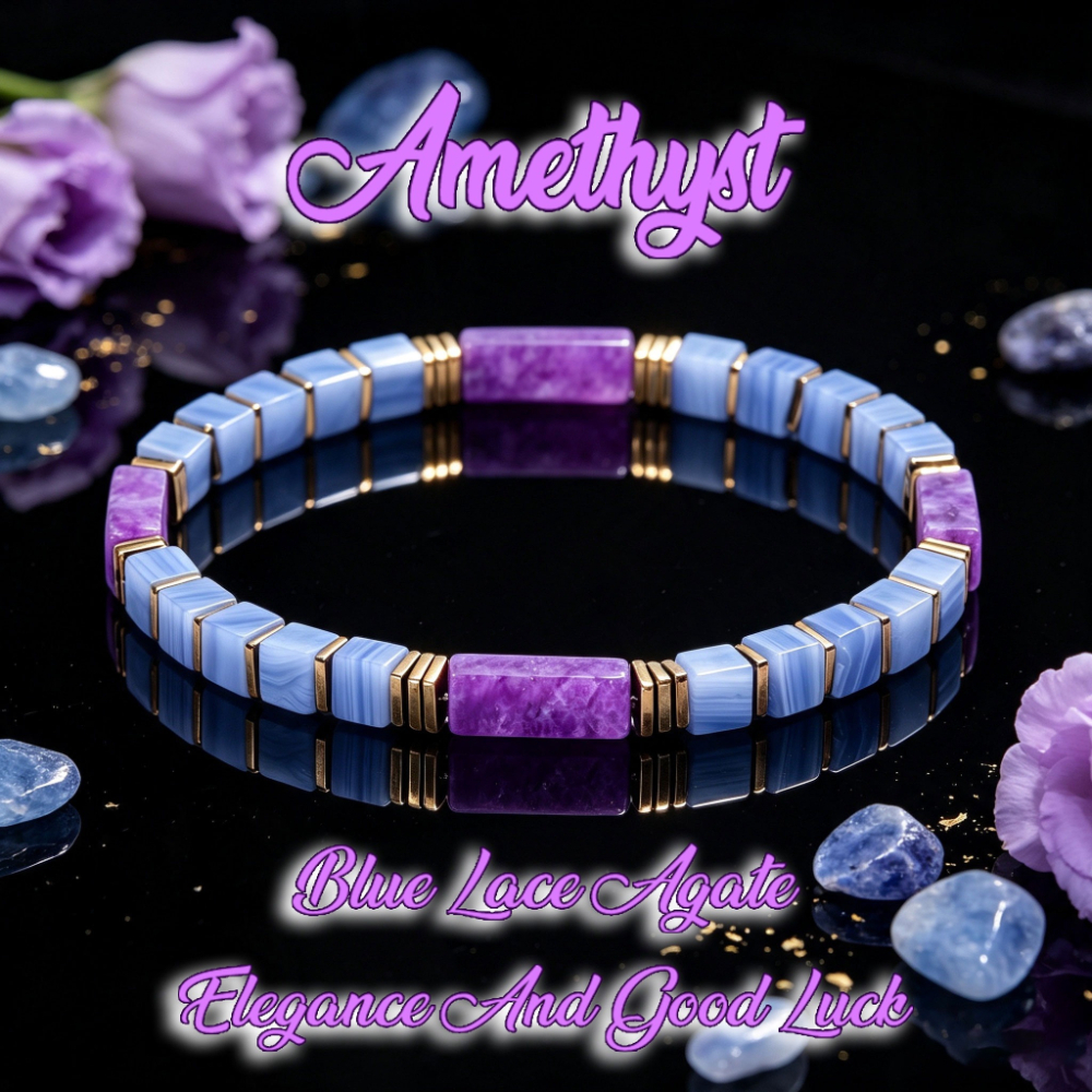 TEMU Bracelet de perles de coupe carrée en améthyste naturelle et agate de laque bleue, bracelet en cristal polyvalent pour tous , cadeau de bijou