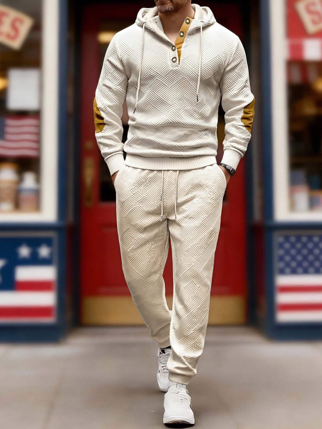 Men'S Casual Fashion Suit Knitted Jacquard Sweatshirt And Pants Two-Piece Set