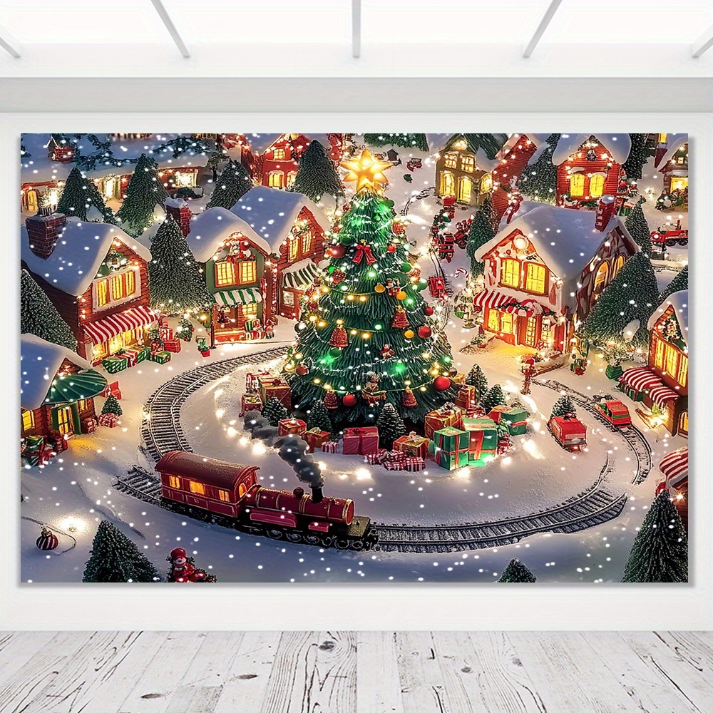 2D Plat, Zelfverlichtend Winterdorp Muurdecoratie met Gloei-effect - Besneeuwde Huizen, Kerstboom, Trein & Locomotief - Geen Elektriciteit Nodig, Eenvoudige Opzet voor Buiten-Kerstfeest of Trouw Achtergrond, 1 Stuk