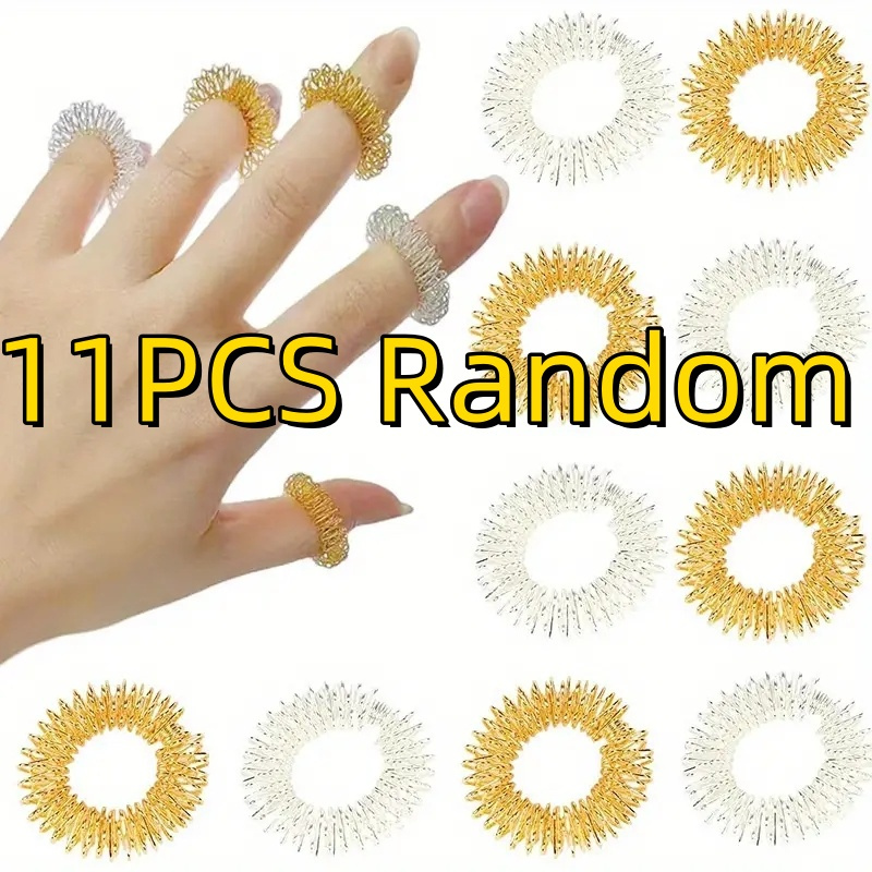 Image of 11pcs Acupressure Finger Rings, Hand Massage Tools, Mixed Golden And Silvery Colors, Random Colors