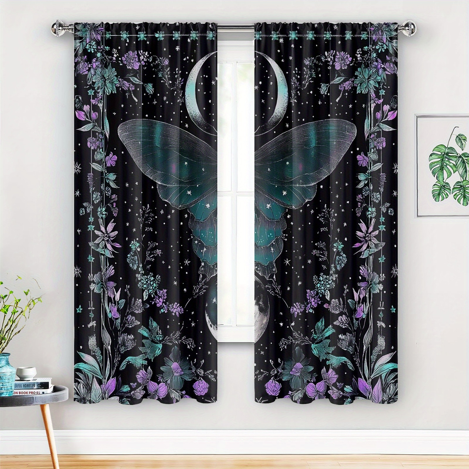 TEMU 2pcs Gothic Fantasy Blackout Curtains - , Moth, Sun, Moon, Star & Print, Rod Pocket Drapes For Living Room, Bedroom, Kitchen, Dark Green With