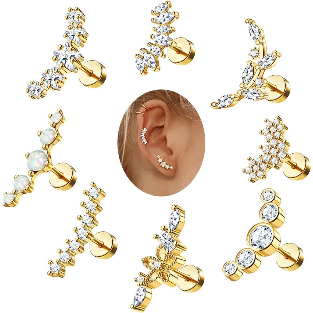 Image of 2d Flat - 8pcs Stainless Steel Star Flower Synthetic Opal Cubic Zirconia For Helix Earrings | Flat Back For Helix Conch Piercing, Suitable For Daily And Party Occasions, Brand: Milacolato