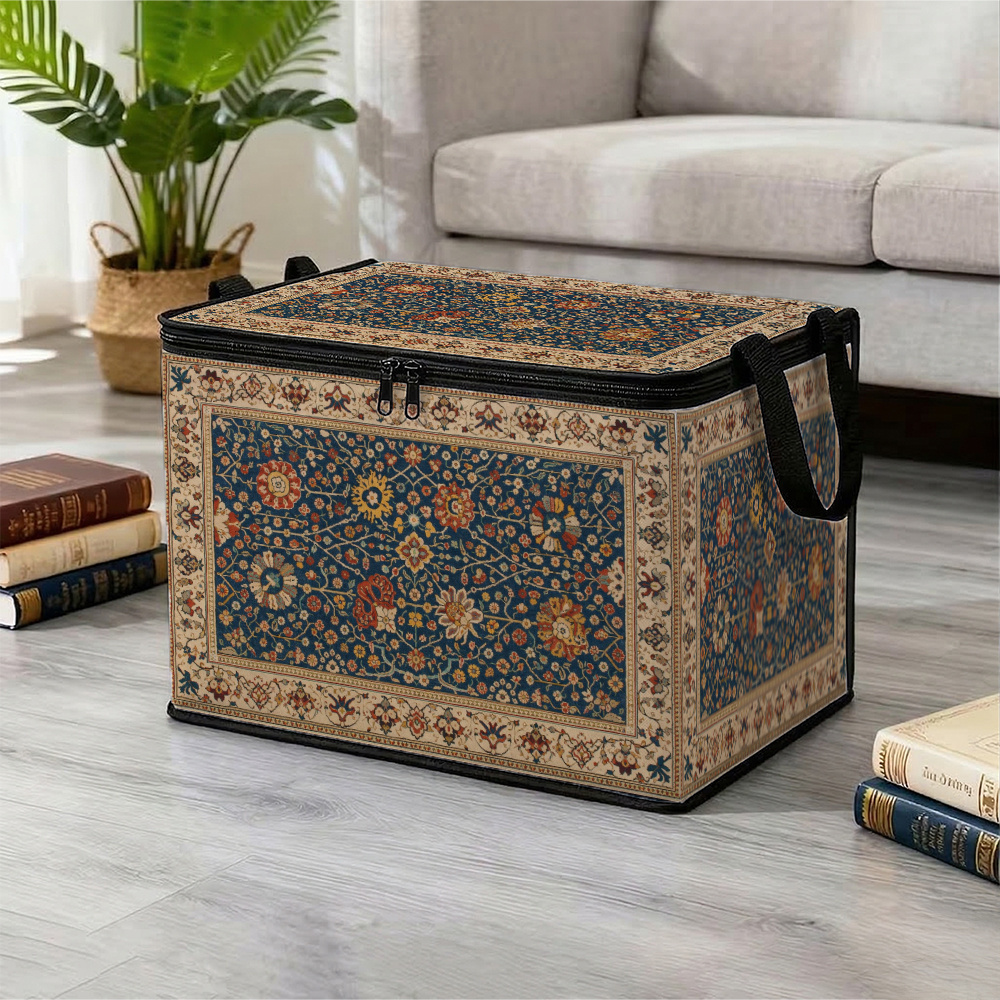 TEMU 1pc Persian Rug Storage Box With Lid- Vintage Oriental Rug Decorative Rectangular Basket, Blue, Suitable For Bathroom Decor, Seasonal Storage