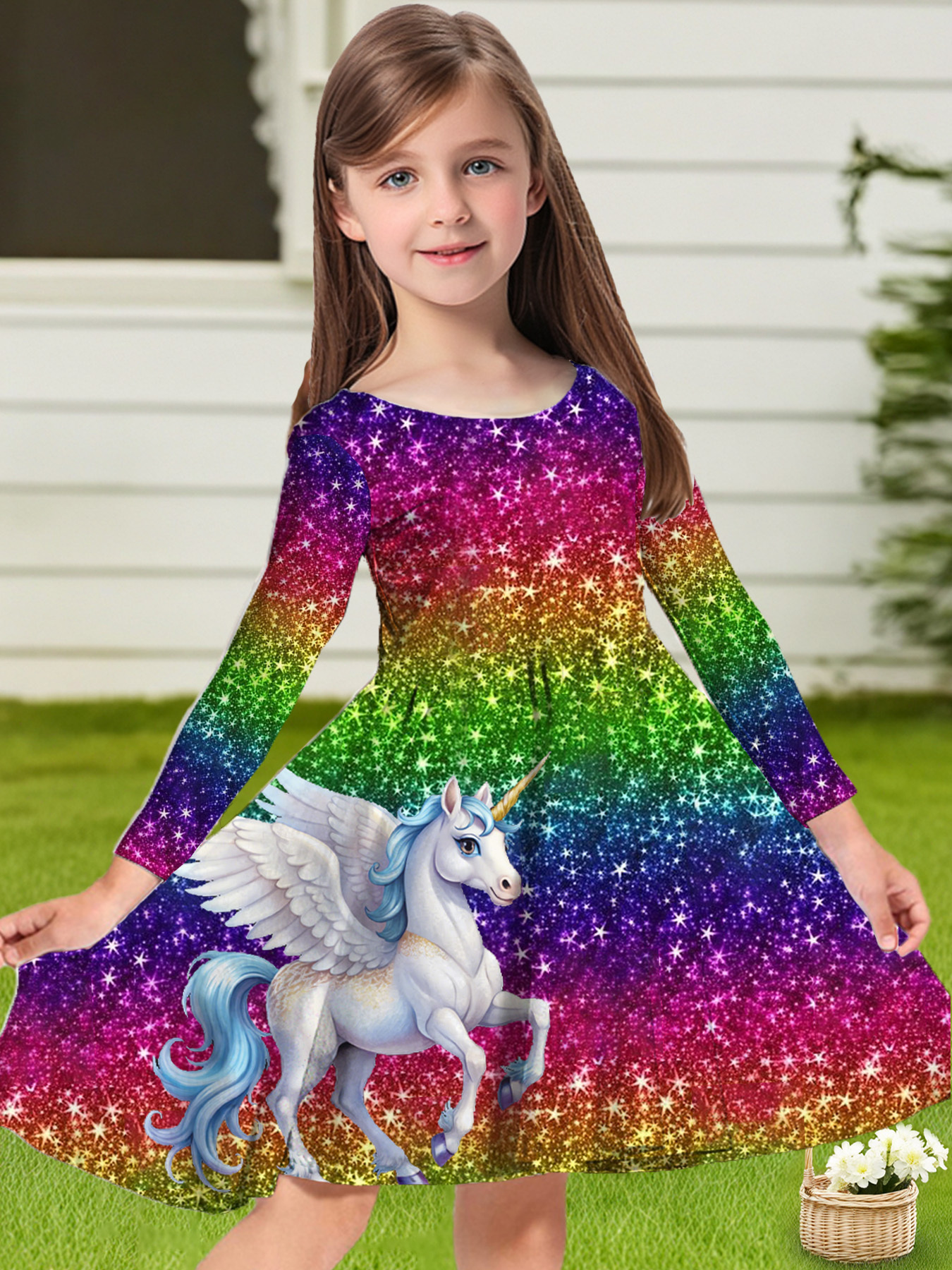 Girls' Fashionable Cute Autumn-Winter Long Sleeve Princess Dress with  Rainbow Starry Sky Unicorn Pattern