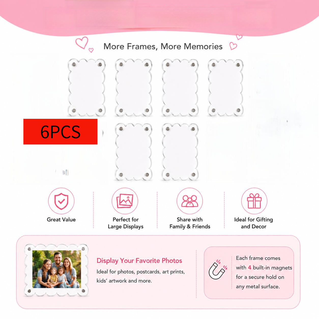 TEMU 6pcs Acrylic Magnetic Photo Frames, 2.75 X 3.9 Inches, Transparent Wavy Magnetic Photo Frames, Suitable For Mini Photos And Wallet-size Photos,