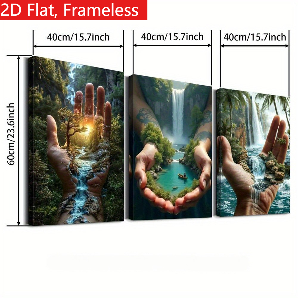 TEMU 2d Flat, 3pcs Modern Abstract Frameless Canvas Wall - Palm Tree & Forest Waterfall Paintings, Minimalist Natural Landscape Suitable For Living
