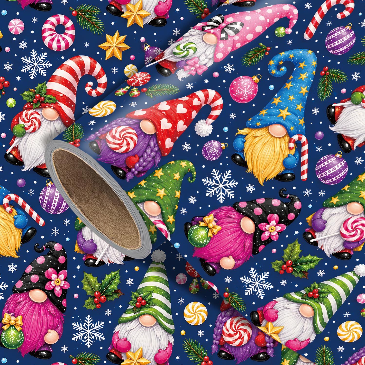 TEMU Rouleau de de Noël - 17,7 pouces X 118 pouces, emballage cadeau avec des gnomes, des guirlandes de Noël, des de neige et des décorations pour