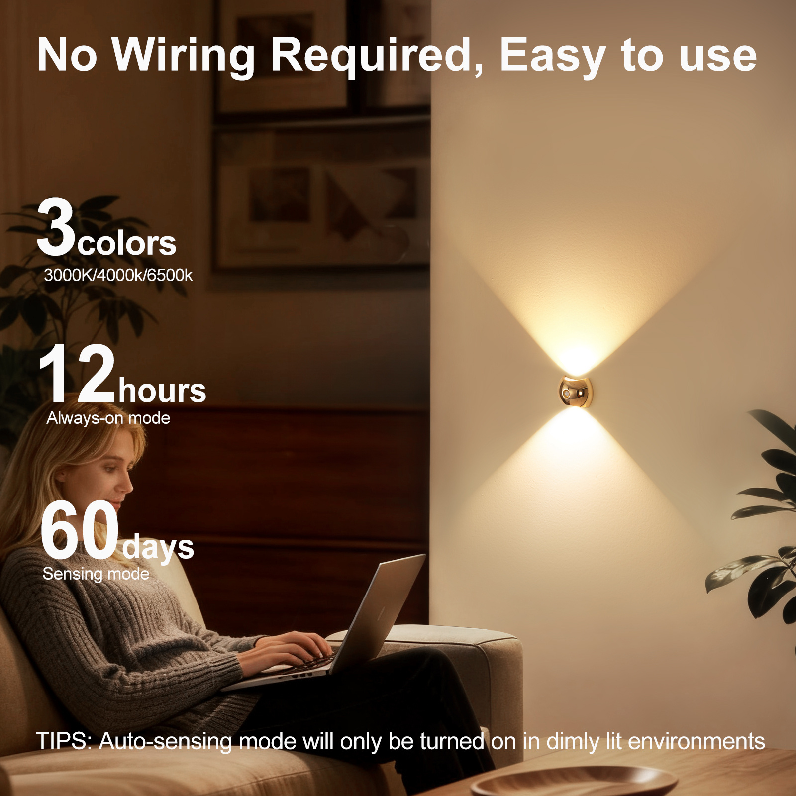 LED Motion Sensor Night Light, USB Rechargeable Wall Lamp
