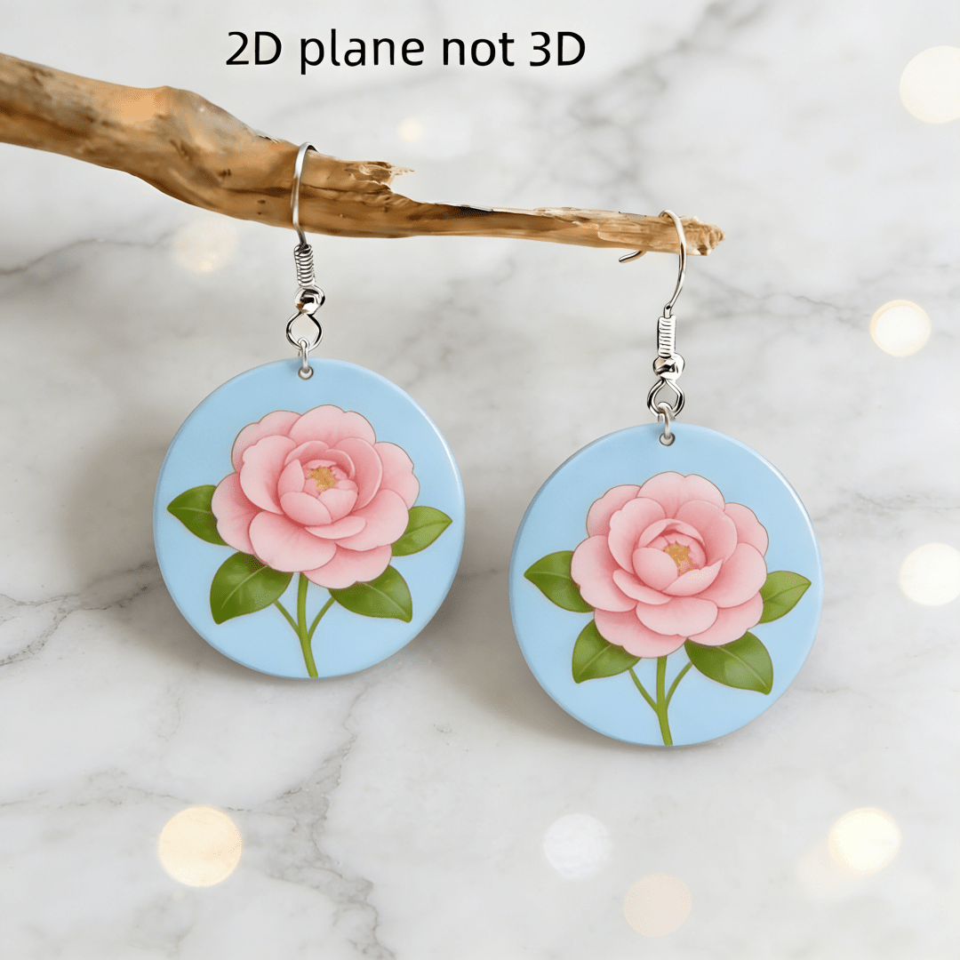 Women's Pink Camellia Flower Round Acrylic Drop Earrings