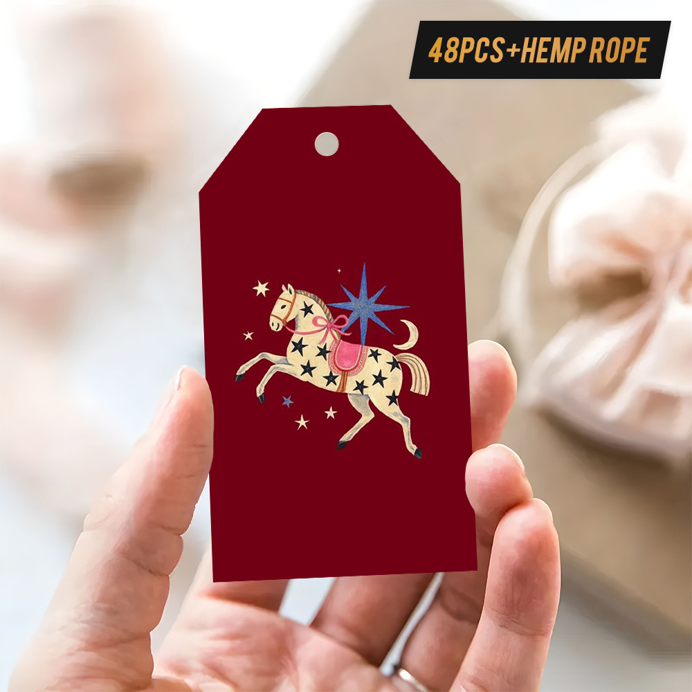 TEMU 48 etichette regalo festive con spago, design con illustrazione a stella, adatte per confezioni regalo, biglietti d', decorazioni per feste,