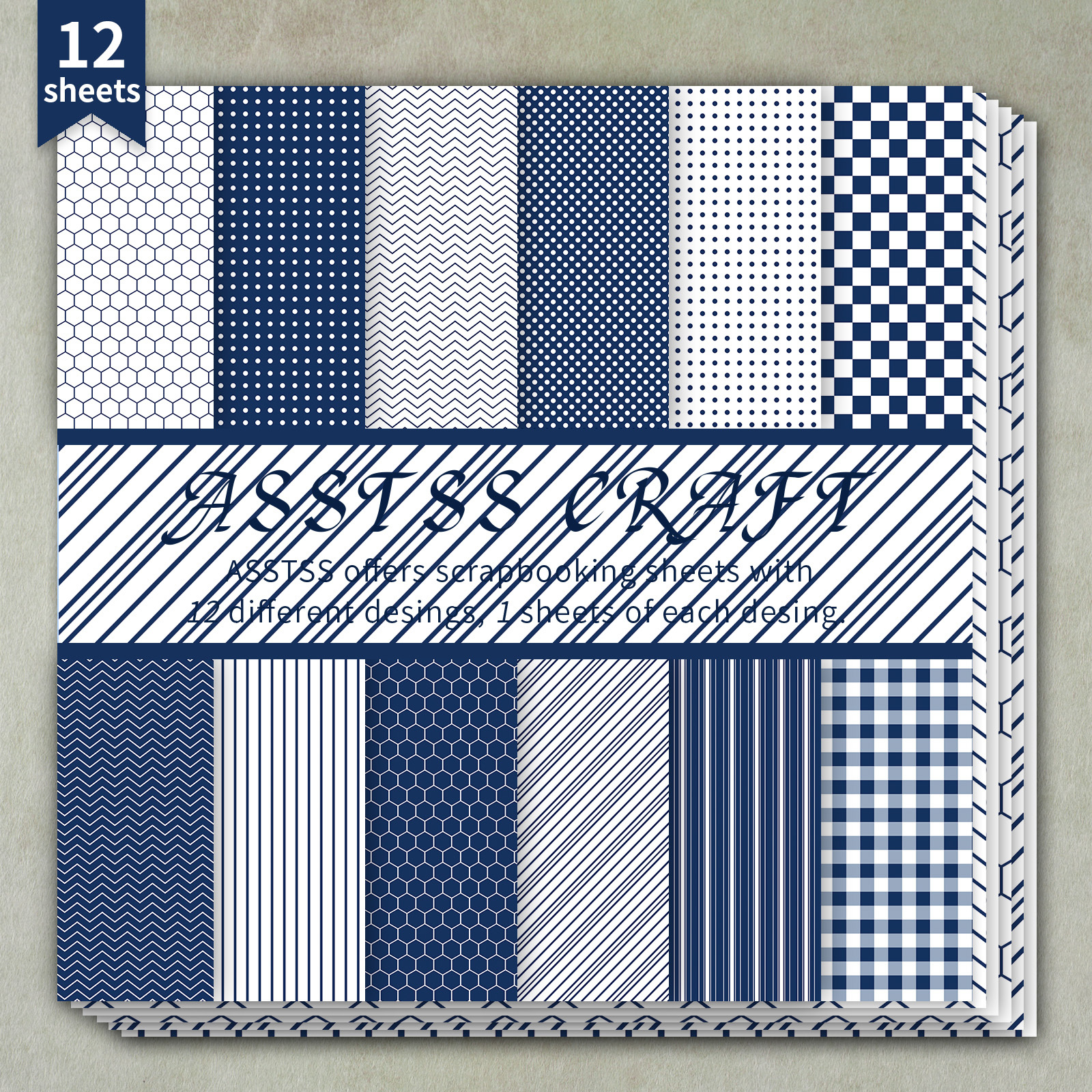 TEMU Un bloc de papier de scrapbooking de 12 feuilles mesurant 6 par 6 pouces, avec des géométriques bleu marine dans un style rétro minimaliste. Ce
