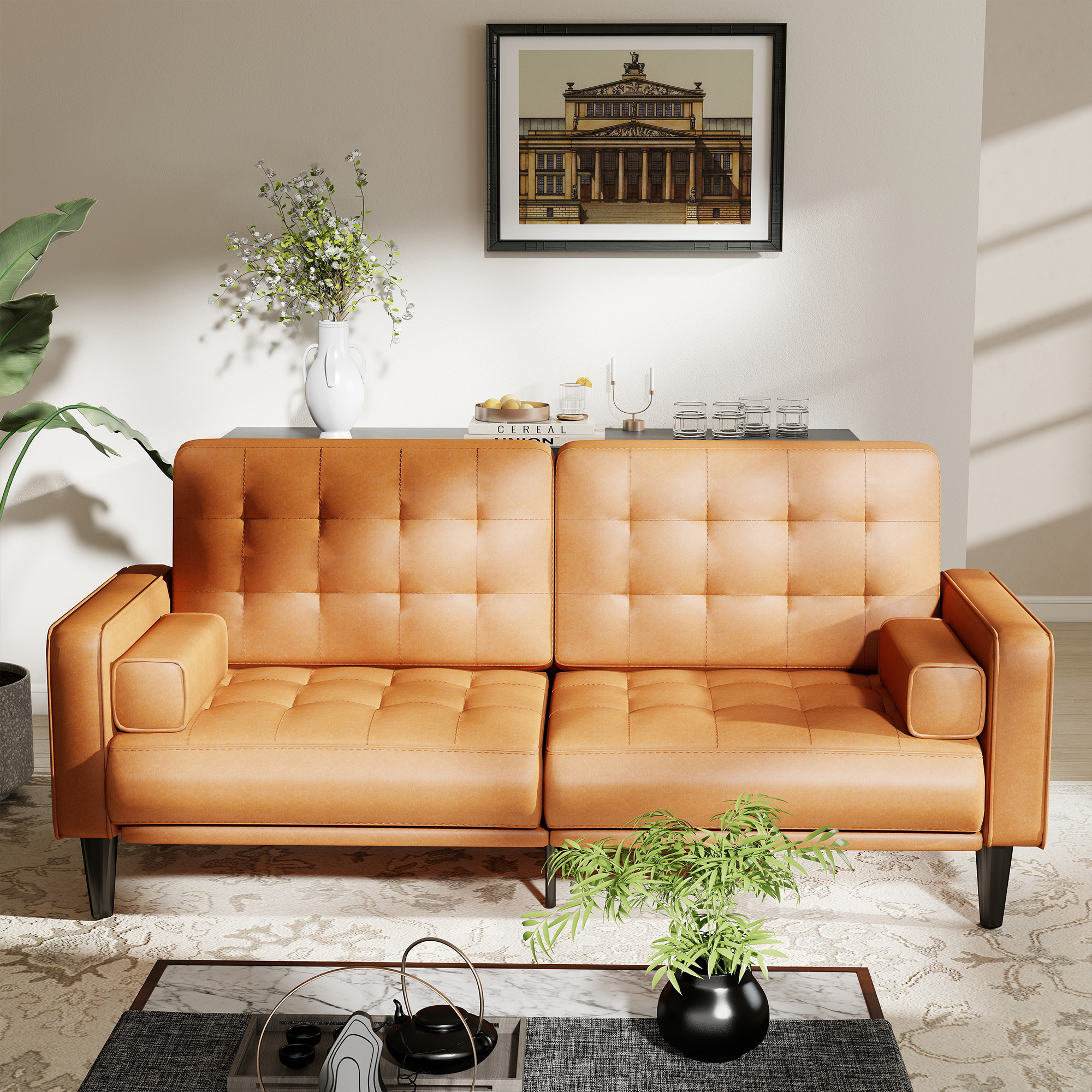 70inch Mid-Century Modern Couch, Breathable Faux Leather Couch with Upholstered Cushions/Pillows, Metal Decorative Legs. Combines Comfort And Durability, for Living Rooms/Offices, Convenient And Practical, Easy to Assemble.