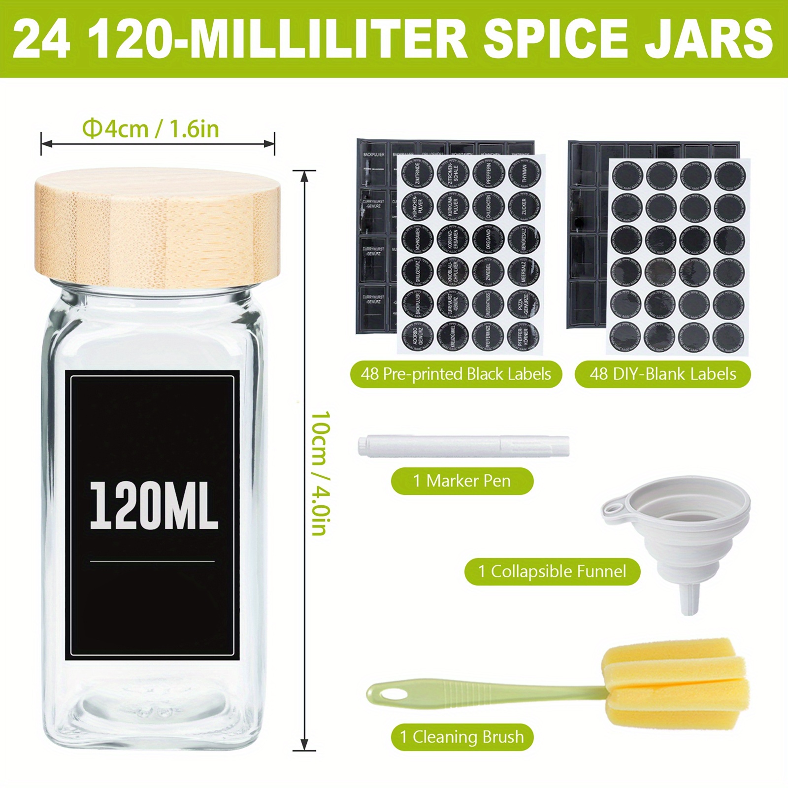 TEMU Wooden Lid Spice Jars, 120ml Spice Jar Set, Square Spice Jars, Spice Containers For Storage With Labels, Water-based Pen