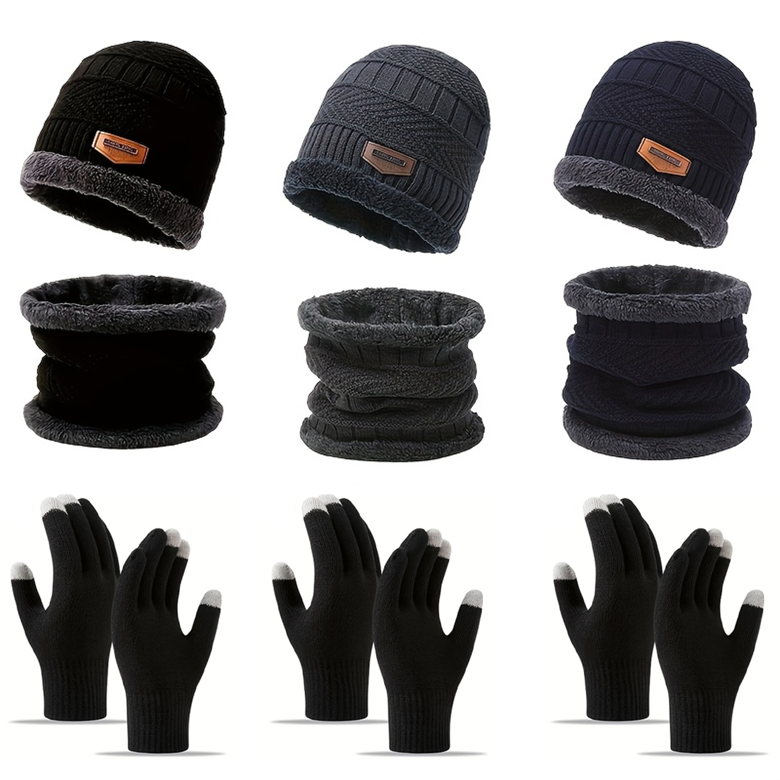 6pcs Winter-Lined Thick Hat, Neck Warmer, and Touchscreen Gloves Set
