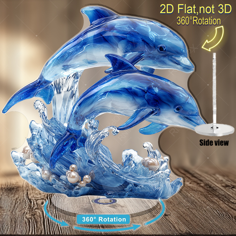 TEMU 2d Flat - Single Rotating Acrylic Mini-statue, 2d Design Featuring 2 Sparkling Translucent Blue Leaping In Spray, With Pearls, An Exquisite Gift
