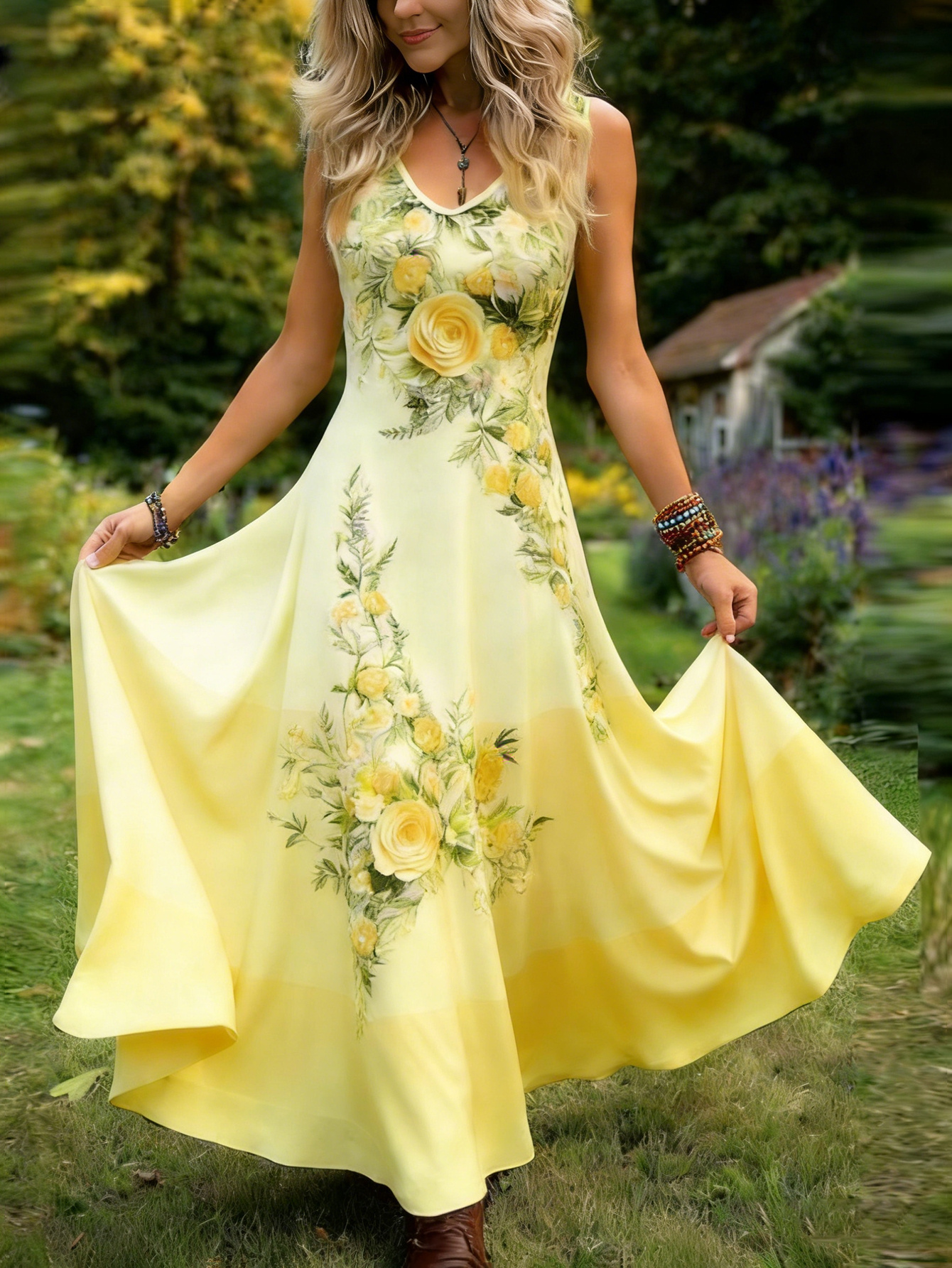womens vintage style sleeveless dress with   v neck a line maxi skirt easy to wash   daily use and holidays