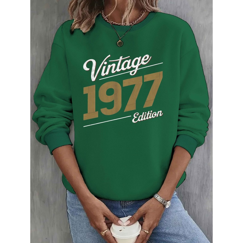 

Sweatshirt Vintage 1977 pour Femme - Col Rond Décontracté, Noir avec Lettrage Doré & Blanc, Polyester, Lavable en Machine pour Automne & Printemps, Sweatshirts pour Dames